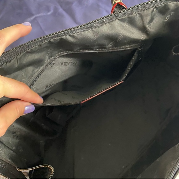 Arcadia Genuine Patent Leather Made in Italy Logo Satchel Bag Black with Red - Picture 7 of 11